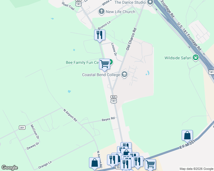 map of restaurants, bars, coffee shops, grocery stores, and more near 3601 N St Marys St in Beeville