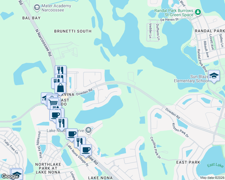 map of restaurants, bars, coffee shops, grocery stores, and more near 10057 Oak Quarry Drive in Orlando