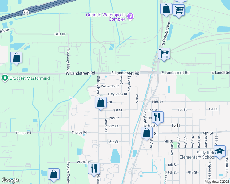 map of restaurants, bars, coffee shops, grocery stores, and more near 305 East Cypress Street in Orlando