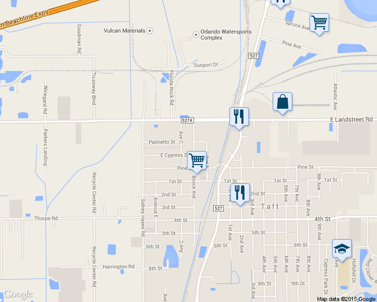 map of restaurants, bars, coffee shops, grocery stores, and more near 427 East Cypress Street in Orlando
