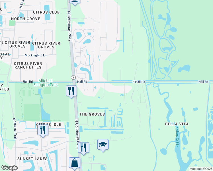 map of restaurants, bars, coffee shops, grocery stores, and more near 395 East Hall Road in Merritt Island