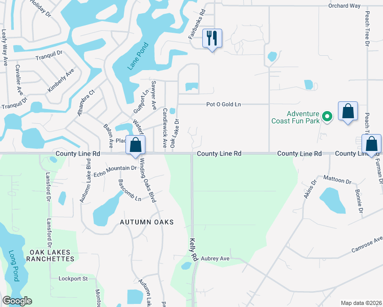 map of restaurants, bars, coffee shops, grocery stores, and more near 8341 County Line Road in Spring Hill