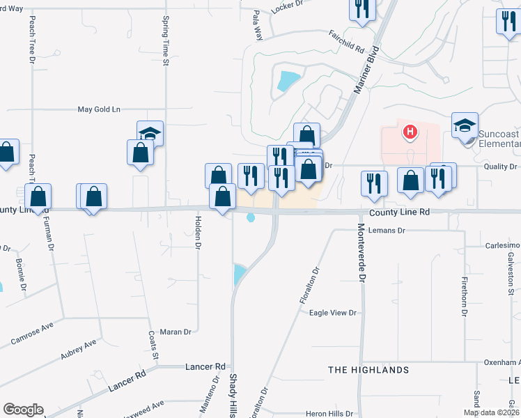 map of restaurants, bars, coffee shops, grocery stores, and more near County Line Road in Spring Hill