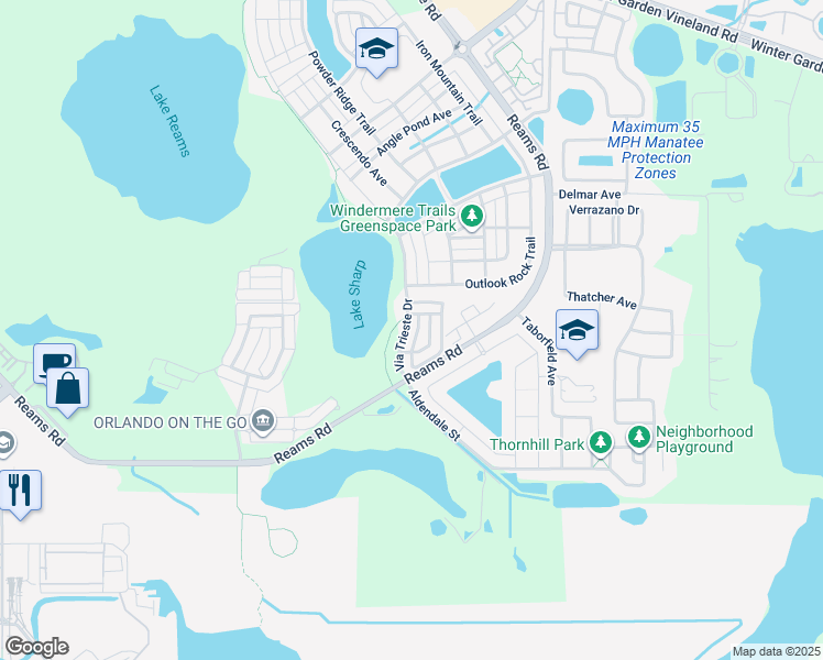 map of restaurants, bars, coffee shops, grocery stores, and more near 8627 Via Trieste Drive in Windermere