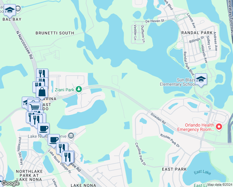 map of restaurants, bars, coffee shops, grocery stores, and more near 9406 Candice Court in Orlando