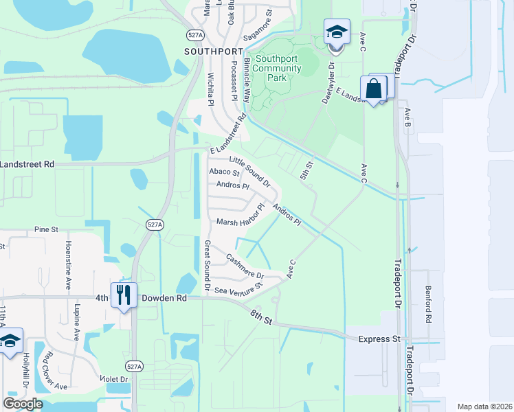 map of restaurants, bars, coffee shops, grocery stores, and more near 3221 Marsh Harbor Drive in Orlando