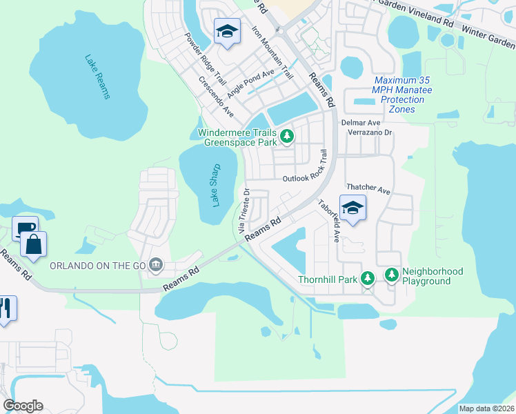 map of restaurants, bars, coffee shops, grocery stores, and more near 8617 Via Tavoleria Way in Windermere