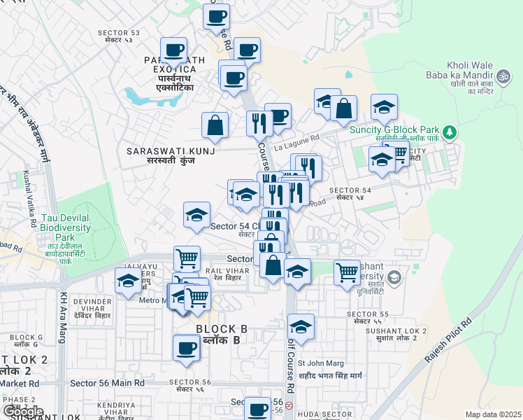 map of restaurants, bars, coffee shops, grocery stores, and more near B-54 Golf Course Road in Gurugram