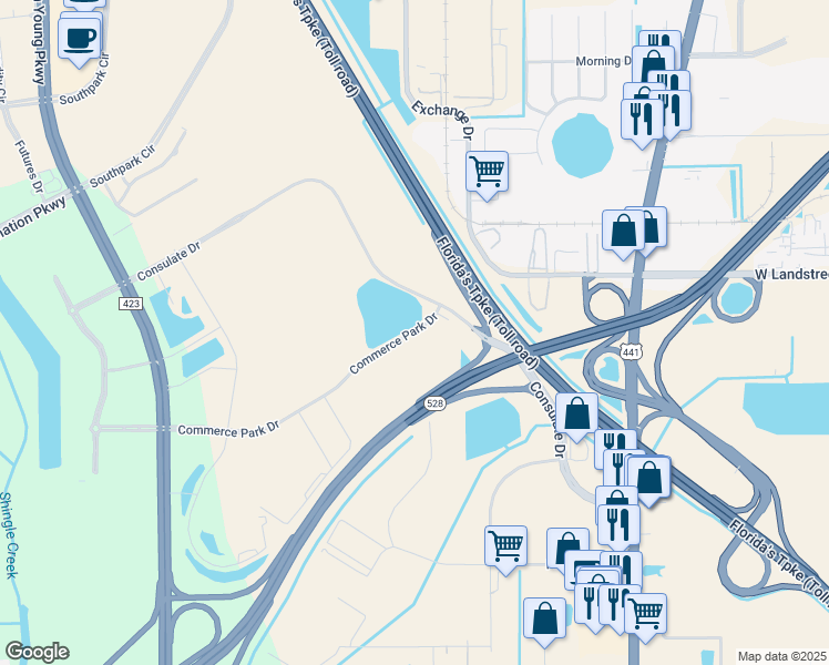 map of restaurants, bars, coffee shops, grocery stores, and more near 2302 Commerce Park Drive in Orlando