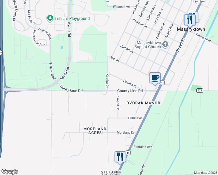 map of restaurants, bars, coffee shops, grocery stores, and more near 15383 County Line Road in Masaryktown