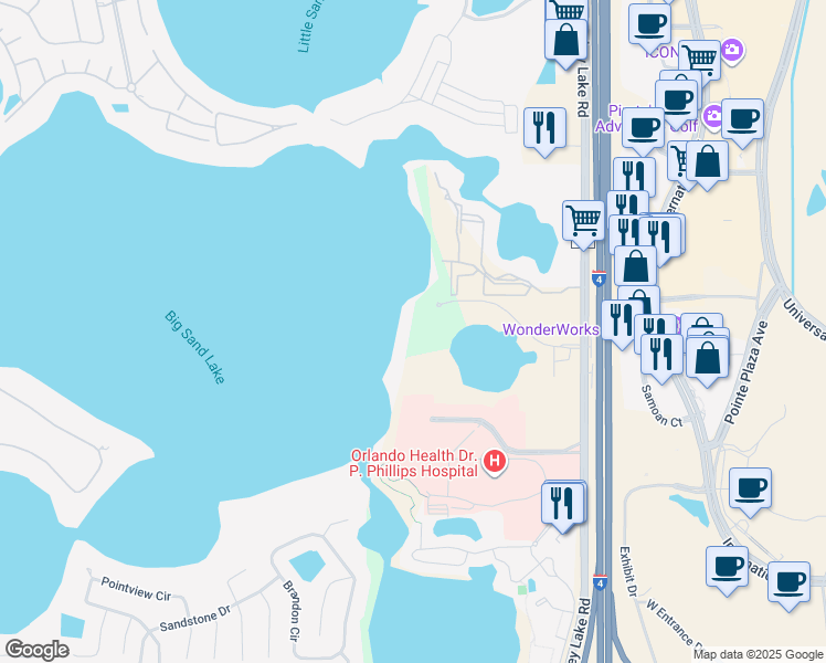map of restaurants, bars, coffee shops, grocery stores, and more near Lake Front Drive in Orlando