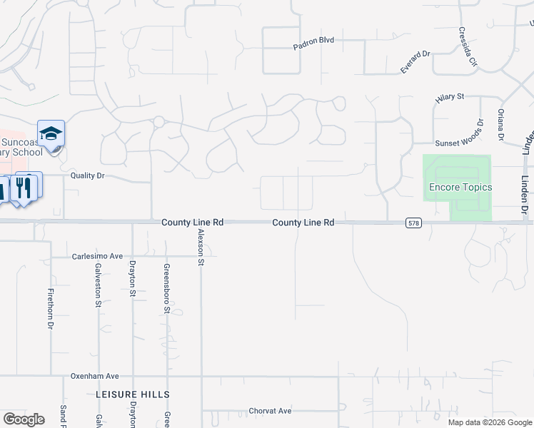 map of restaurants, bars, coffee shops, grocery stores, and more near 11881 County Road 578 in Spring Hill