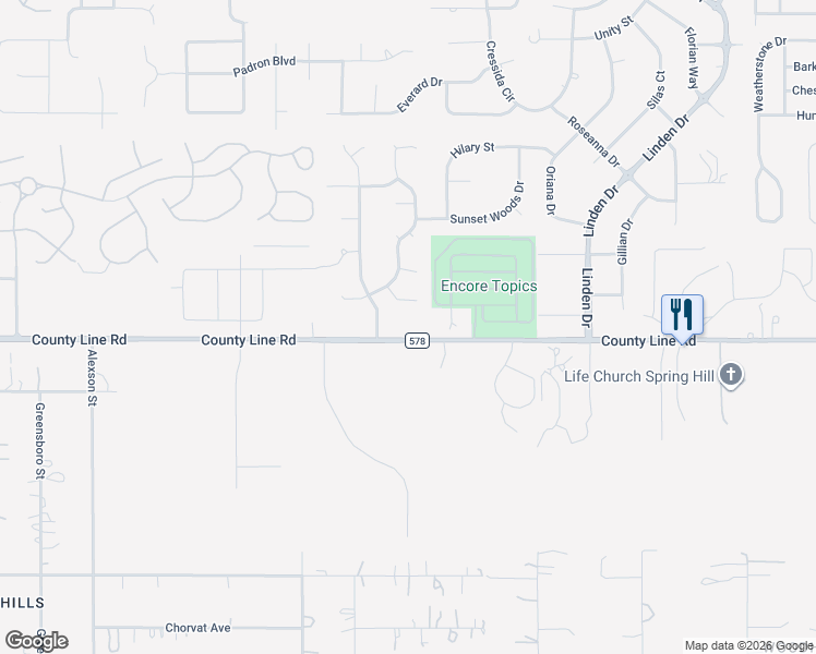 map of restaurants, bars, coffee shops, grocery stores, and more near 13001-13039 County Line Road in Spring Hill