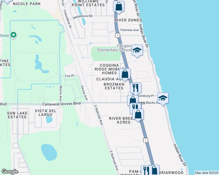 map of restaurants, bars, coffee shops, grocery stores, and more near 473 Brozman Lane in Cocoa