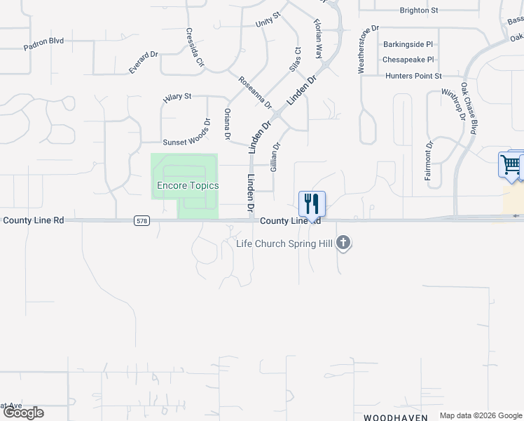 map of restaurants, bars, coffee shops, grocery stores, and more near 13143 County Line Road in Spring Hill