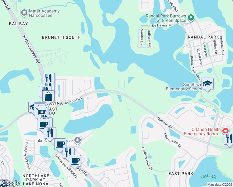 map of restaurants, bars, coffee shops, grocery stores, and more near 9588 Dowden Road in Orlando