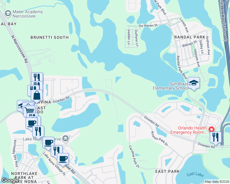 map of restaurants, bars, coffee shops, grocery stores, and more near 9406 Candice Court in Orlando