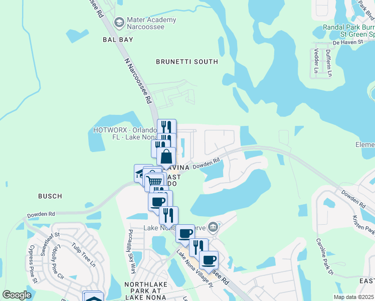 map of restaurants, bars, coffee shops, grocery stores, and more near 9459 Dowden Road in Orlando
