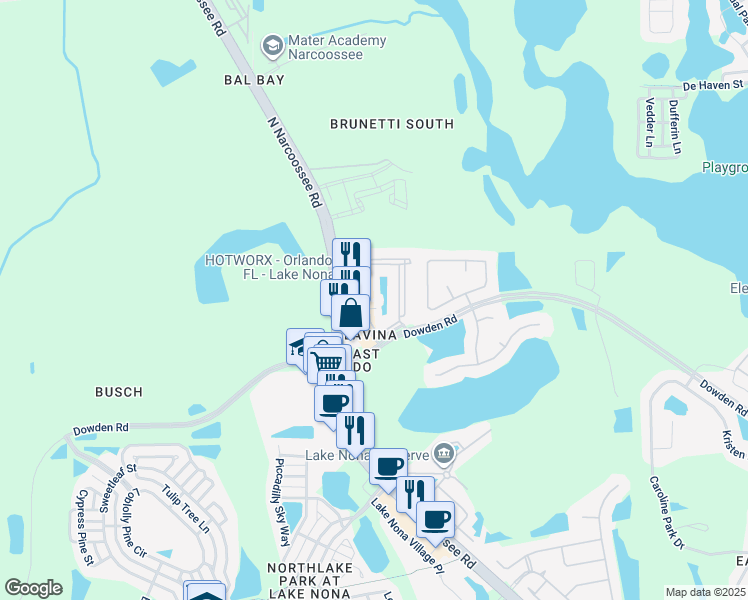 map of restaurants, bars, coffee shops, grocery stores, and more near 9405 Dowden Road in Orlando