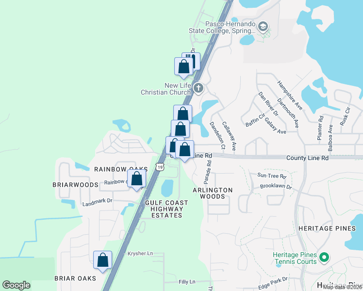 map of restaurants, bars, coffee shops, grocery stores, and more near 54 Commercial Way in Spring Hill