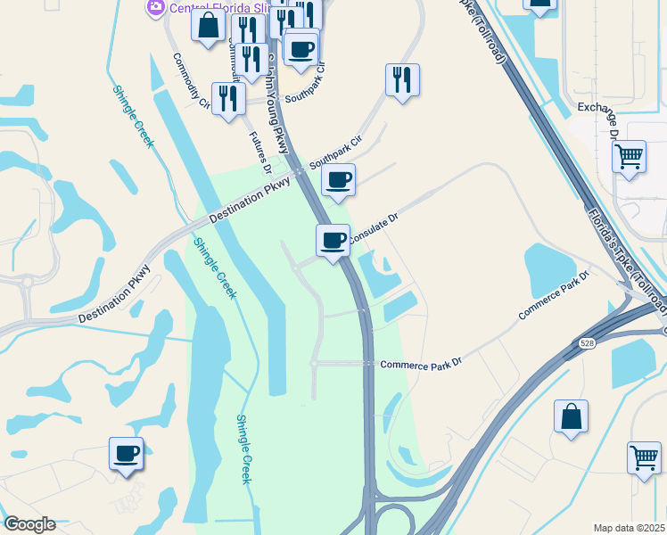 map of restaurants, bars, coffee shops, grocery stores, and more near 9205 Southpark Center Loop in Orlando