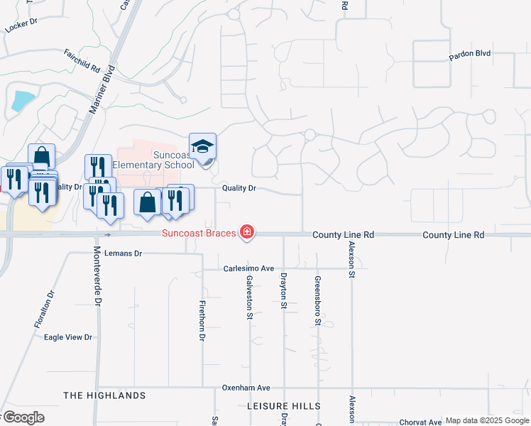 map of restaurants, bars, coffee shops, grocery stores, and more near Quality Drive in Spring Hill