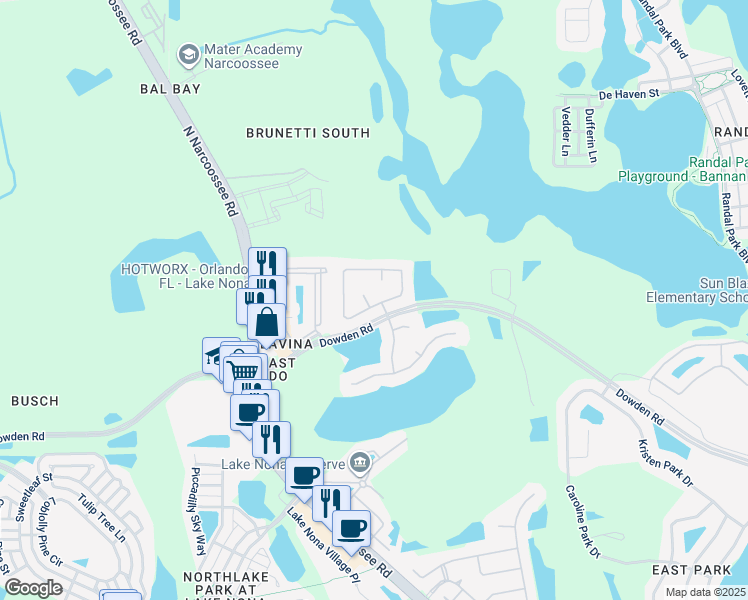 map of restaurants, bars, coffee shops, grocery stores, and more near 9906 Shadow Creek Drive in Orlando