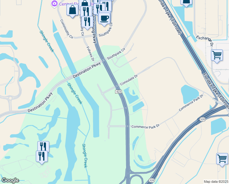 map of restaurants, bars, coffee shops, grocery stores, and more near 9205 Southpark Center Loop in Orlando