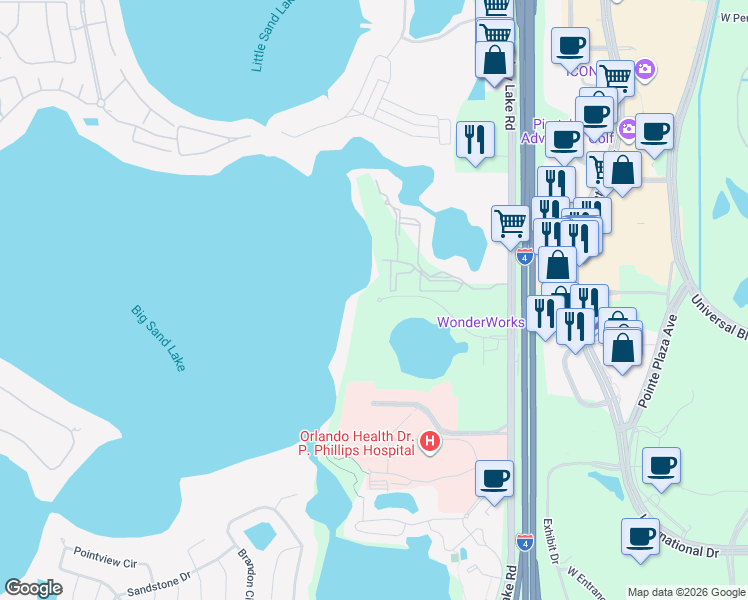 map of restaurants, bars, coffee shops, grocery stores, and more near 6265 Sand Lake Vista Drive in Orlando