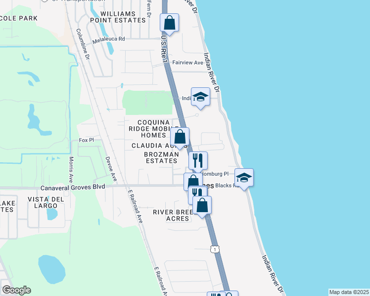 map of restaurants, bars, coffee shops, grocery stores, and more near 4115 North Cocoa Boulevard in Cocoa