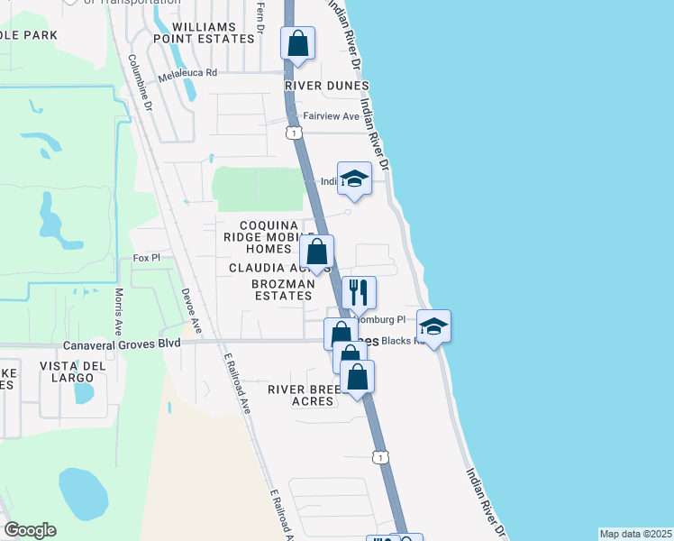 map of restaurants, bars, coffee shops, grocery stores, and more near 4115 North Cocoa Boulevard in Cocoa