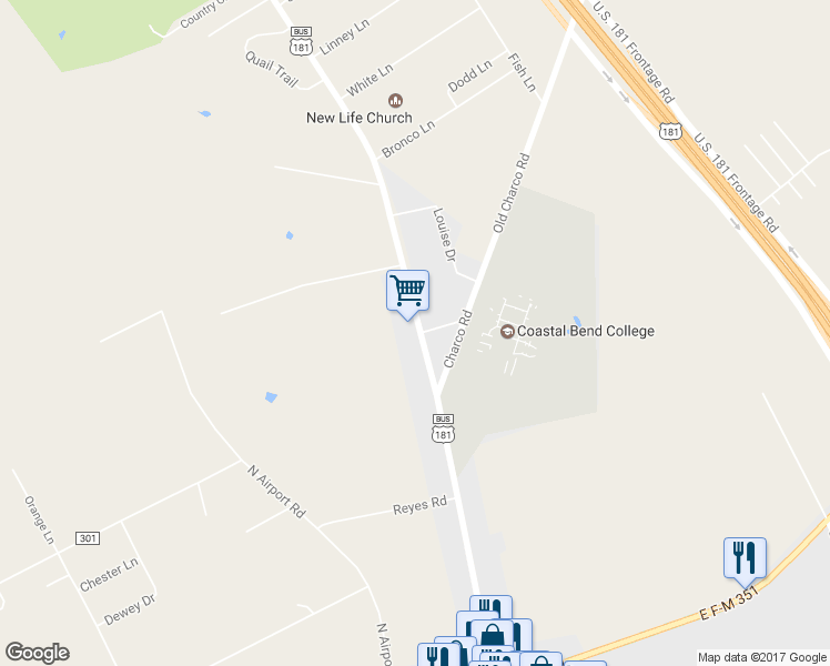 map of restaurants, bars, coffee shops, grocery stores, and more near 3803 North Saint Marys Street in Beeville