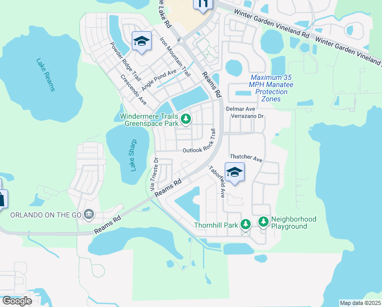 map of restaurants, bars, coffee shops, grocery stores, and more near 9210 Outlook Rock Trail in Windermere
