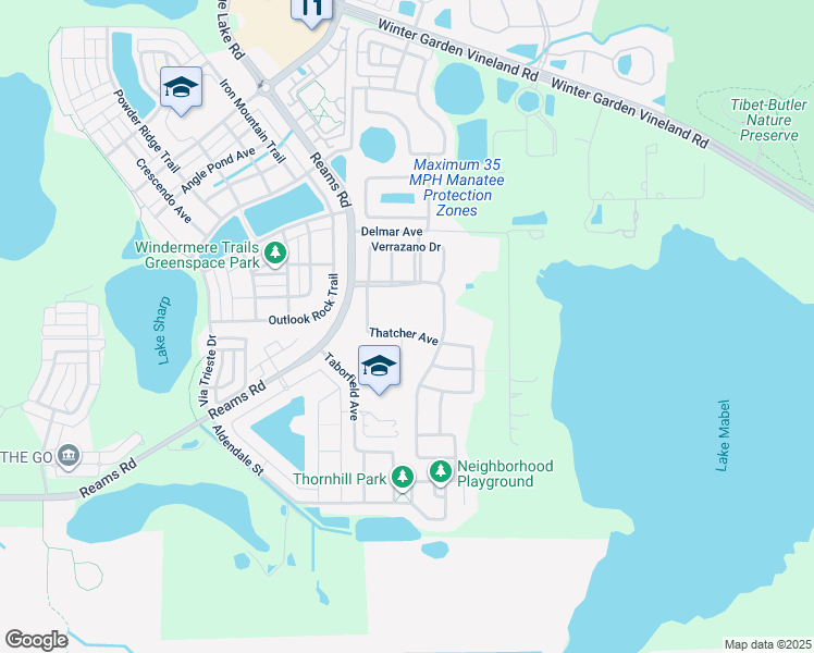 map of restaurants, bars, coffee shops, grocery stores, and more near 11761 Thatcher Avenue in Orlando