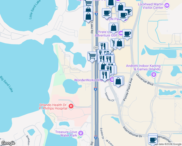 map of restaurants, bars, coffee shops, grocery stores, and more near 9200 Turkey Lake Road in Orlando