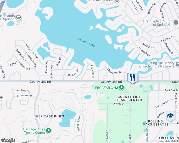 map of restaurants, bars, coffee shops, grocery stores, and more near 6130 Padgett Street in Spring Hill