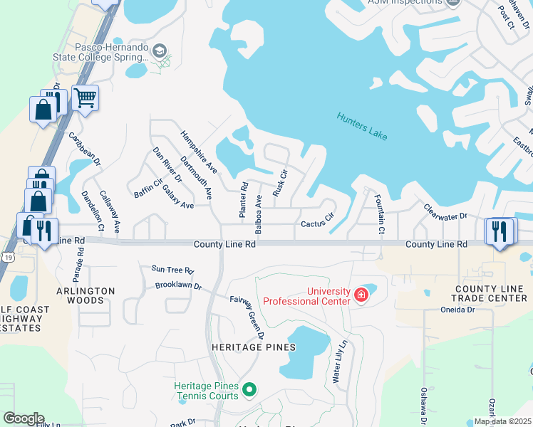 map of restaurants, bars, coffee shops, grocery stores, and more near 5424 Cactus Circle in Spring Hill