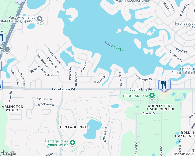 map of restaurants, bars, coffee shops, grocery stores, and more near 5518 Cactus Circle in Spring Hill