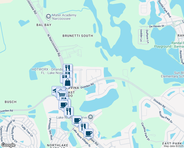 map of restaurants, bars, coffee shops, grocery stores, and more near 9207 Black Hawk Court in Orlando