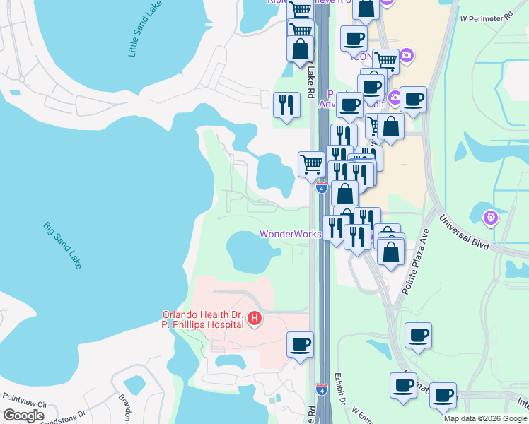 map of restaurants, bars, coffee shops, grocery stores, and more near 7523 Seurat Street in Orlando