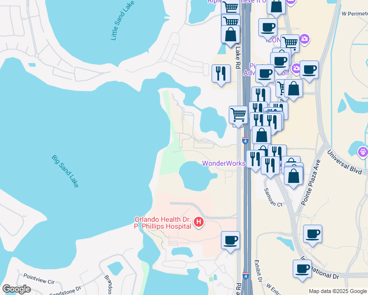 map of restaurants, bars, coffee shops, grocery stores, and more near 7606 Pissarro Drive in Orlando
