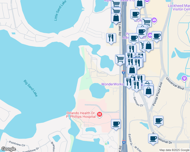 map of restaurants, bars, coffee shops, grocery stores, and more near 7606 Pissarro Drive in Orlando