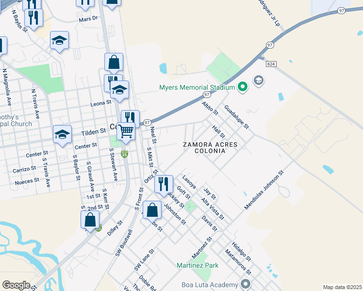 map of restaurants, bars, coffee shops, grocery stores, and more near 218 Stadium Drive in Cotulla