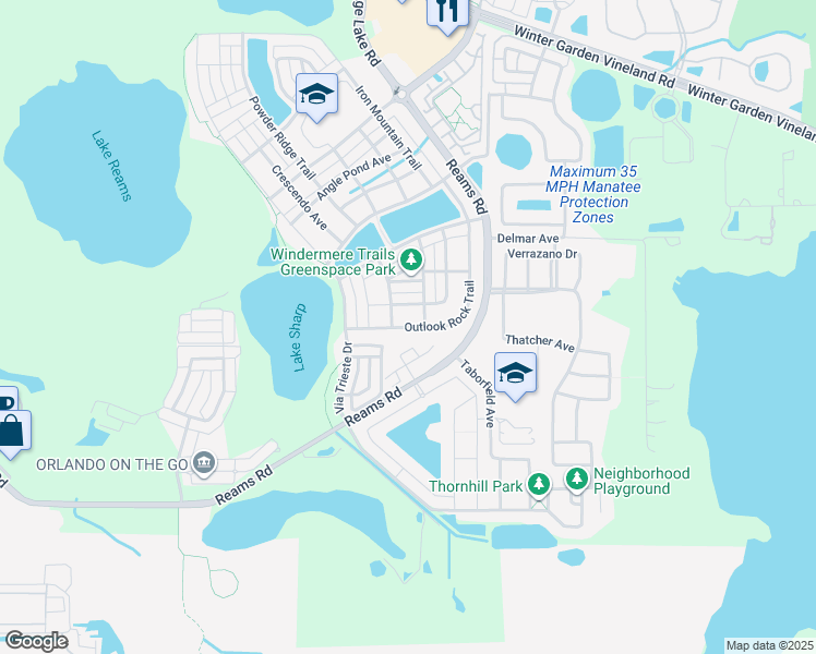 map of restaurants, bars, coffee shops, grocery stores, and more near Outlook Rock Trail in Windermere