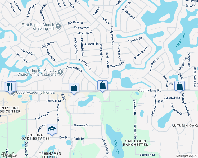 map of restaurants, bars, coffee shops, grocery stores, and more near 7460 Landmark Drive in Spring Hill