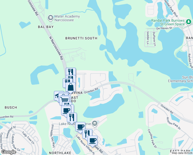 map of restaurants, bars, coffee shops, grocery stores, and more near 9207 Black Hawk Court in Orlando