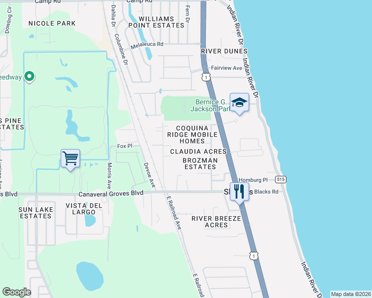 map of restaurants, bars, coffee shops, grocery stores, and more near 441 Butler Lane in Cocoa