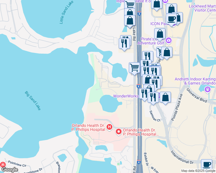 map of restaurants, bars, coffee shops, grocery stores, and more near 7523 Seurat Street in Orlando