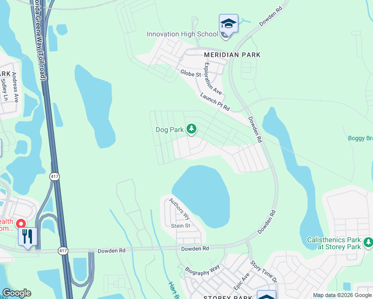 map of restaurants, bars, coffee shops, grocery stores, and more near Exploration Avenue in Orlando