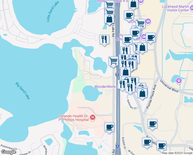 map of restaurants, bars, coffee shops, grocery stores, and more near 7523 Seurat Street in Orlando